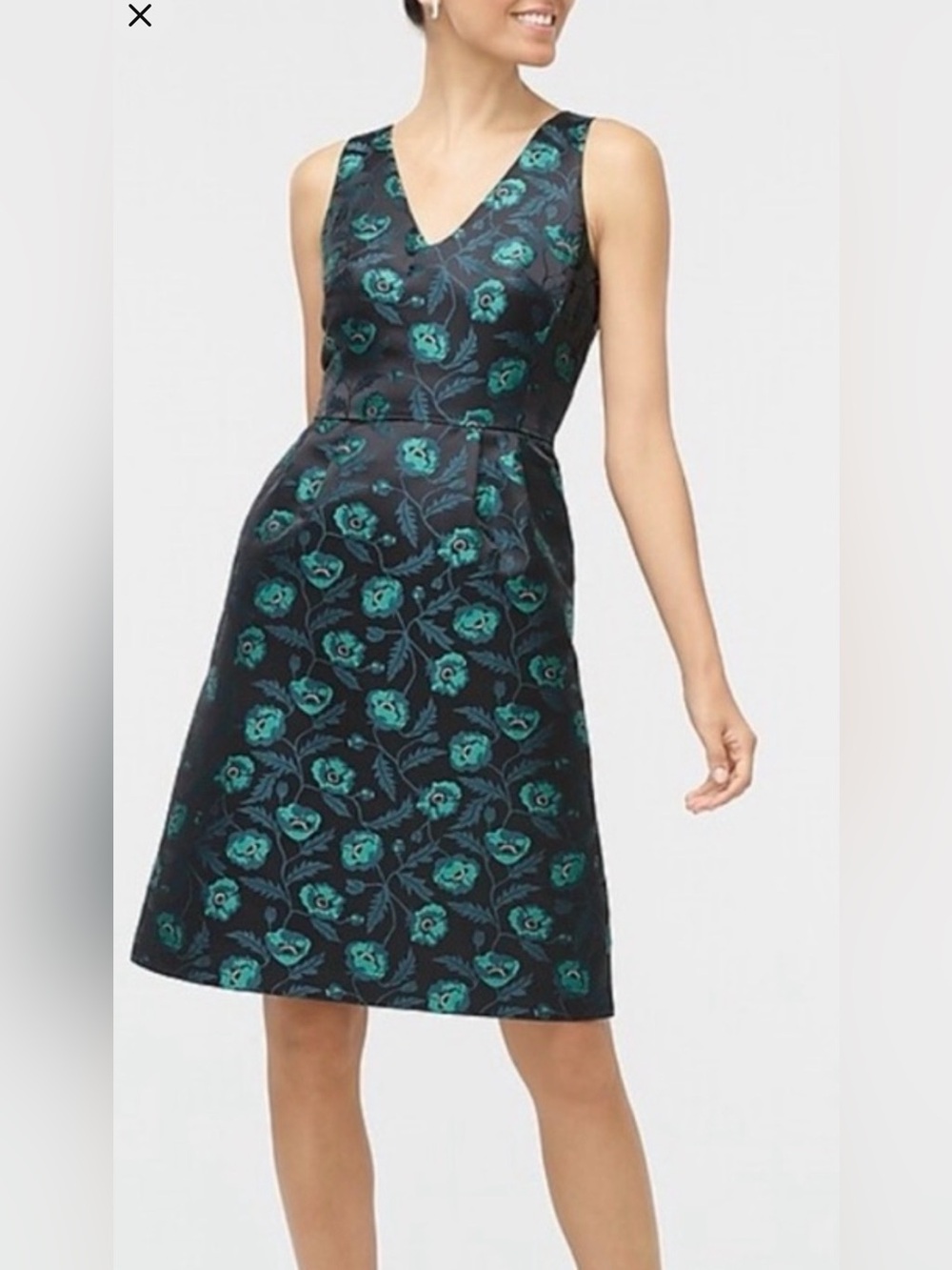 NWT J.Crew Black and Jade Green Jacquard Floral midi Dress